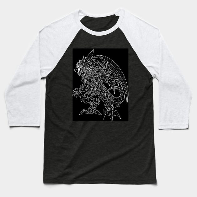 dark mexican kaiju the quetzalcoatl in mecha custom armor ecopop art Baseball T-Shirt by jorge_lebeau